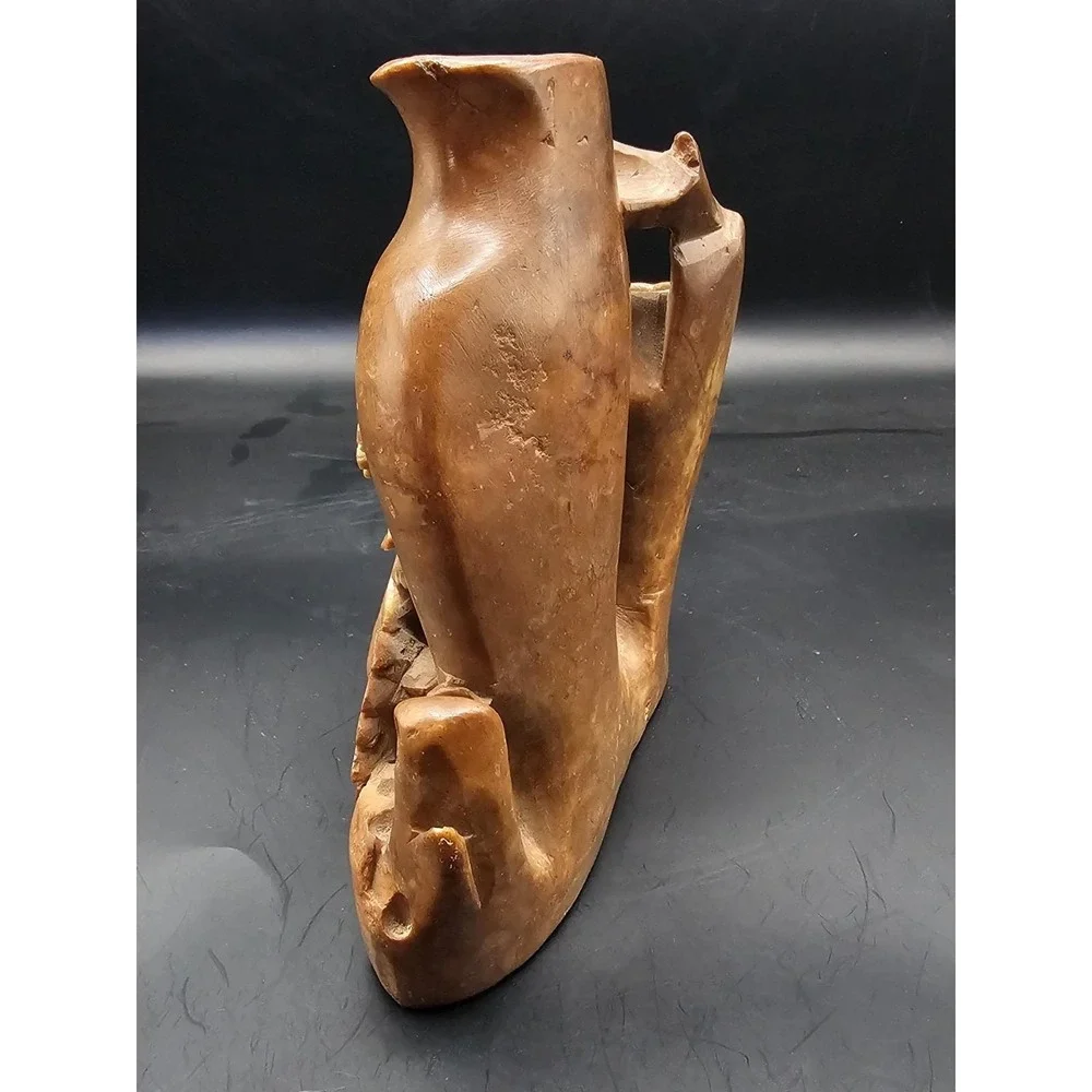 Vintage Chinese Soapstone Double Vase Hand Carved Floral Light Brown 6in SIGNED